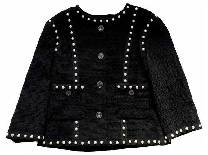 Giacca nera Chanel con perle Nero Cotone  ref.248473