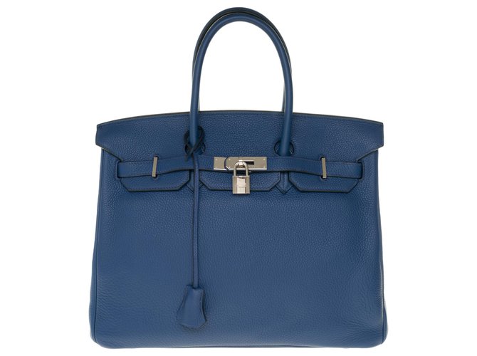 Superbe Hermès Birkin 35 en Togo Bleu de malte, garniture en métal argent palladium Cuir  ref.248689