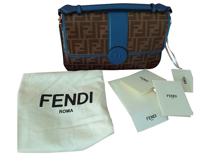 FENDI - Borsa a tracolla FF Baguette foderata in pelle - Logo marrone / pelle blu