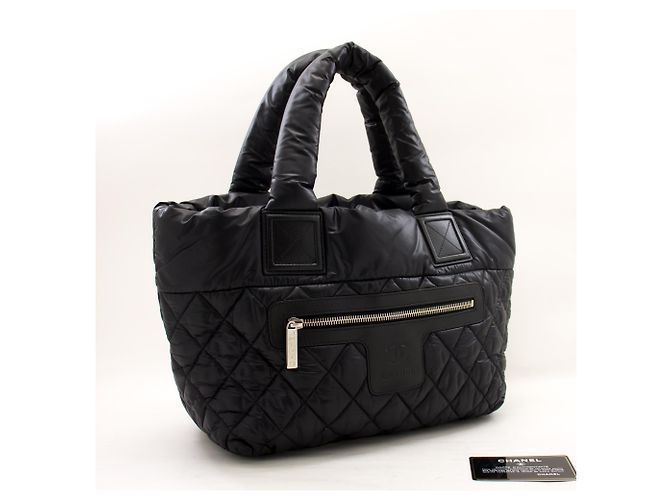 CHANEL Coco Cocoon PM Nylon Einkaufstasche Handtasche Schwarzes Leder