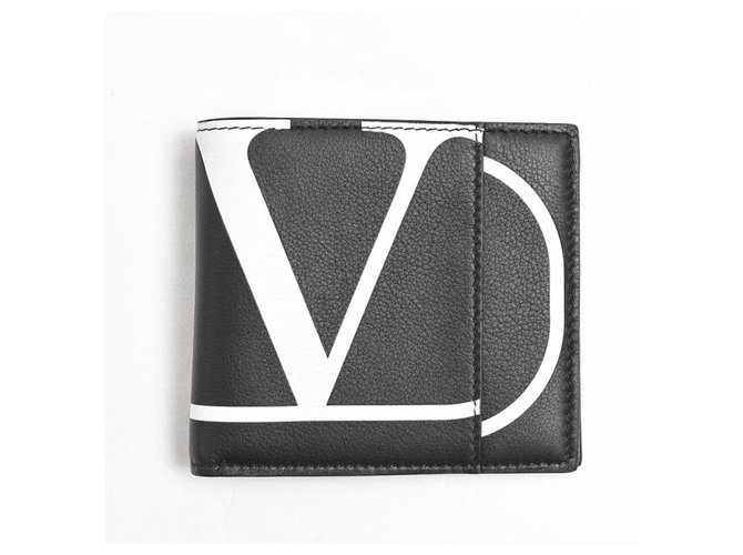 VALENTINO GARAVANI Wallet Folded Card Case Calf Leather Genuine Leather Logo Black White  ref.249364
