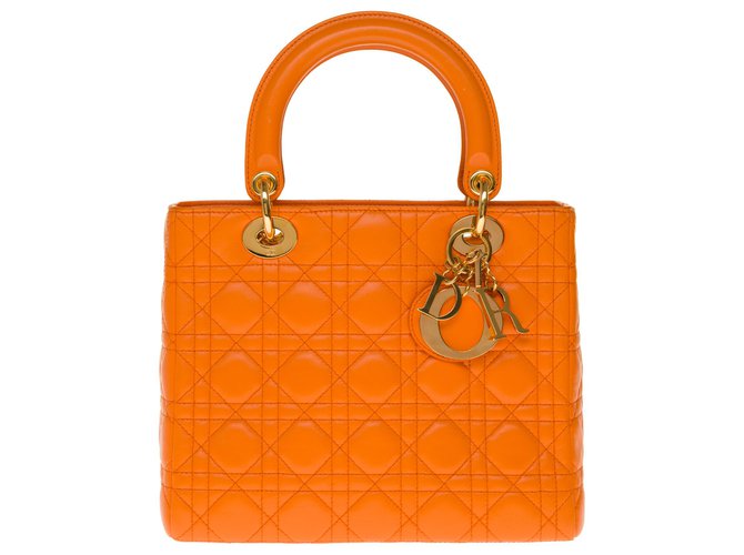 Borsa Christian Dior Lady Dior MM molto chic in pelle cannage color zucca, garniture en métal doré Arancione  ref.249389