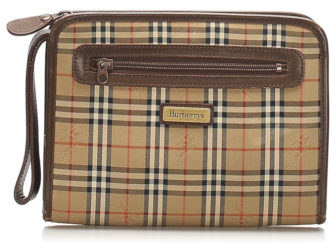 Burberry Brown Haymarket Check Canvas Clutch Bag Multiple colors Beige Leather Cloth Pony-style calfskin Cloth  ref.249438