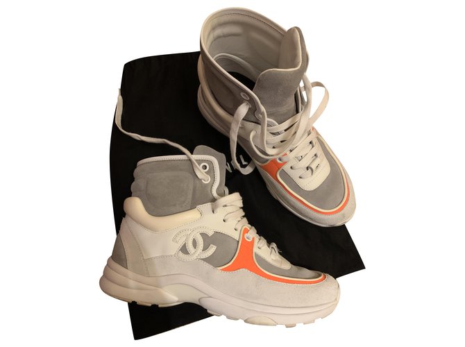 Chanel sneakers Cuir Blanc Orange  ref.249904
