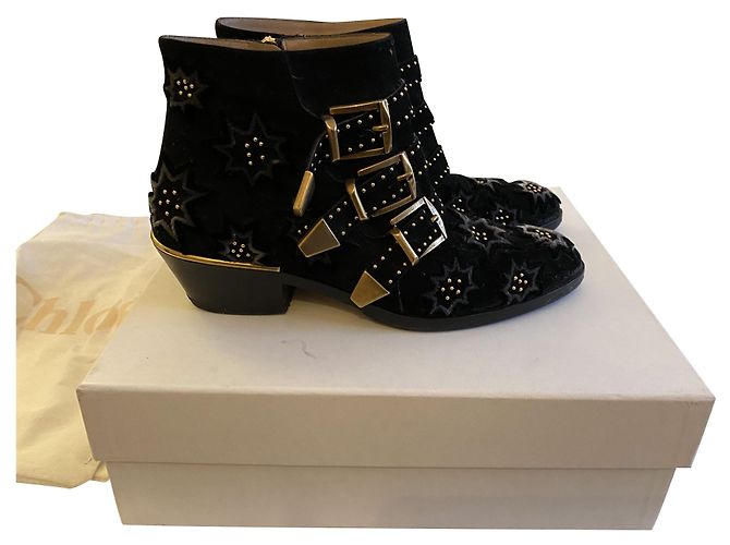 Chloé Susanna Boots Blue Suede and Gold Studs 36 Black Light blue Dark blue Gold hardware