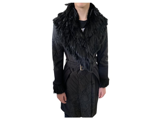 Gianni Versace quilted coat with feather collar Black Golden Cotton Fur Polyamide  ref.249952