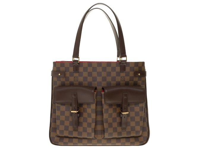 Bellissima borsa tote Louis Vuitton in tela a quadretti ebano, pelle marrone e finiture in metallo dorato  ref.250284