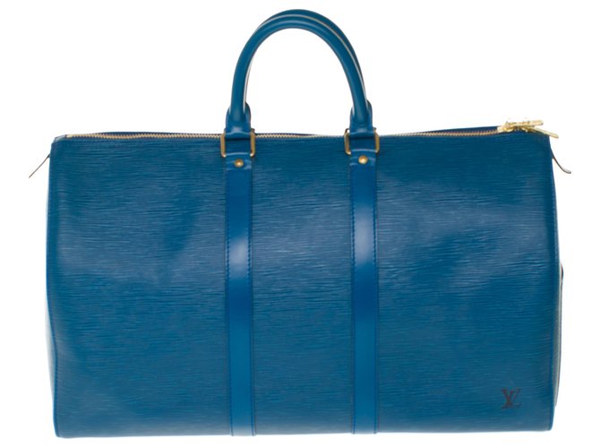 Sac de voyage Louis Vuitton Keepall 45 en cuir épi bleu en très bel état  ref.250330