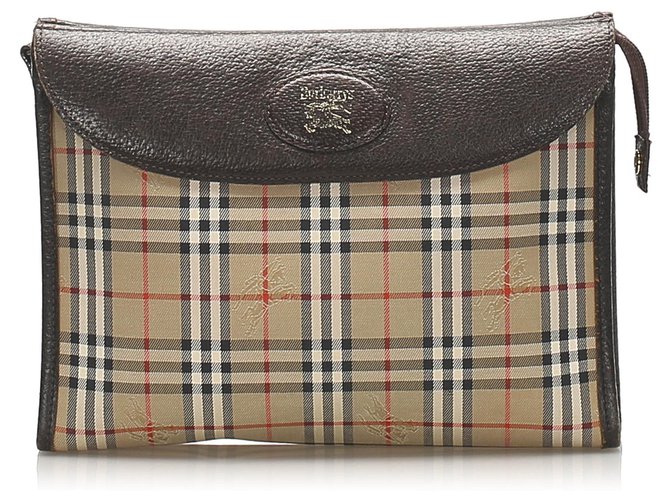 Burberry Brown Haymarket Check Canvas Clutch Bag Multiple colors Beige Leather Cloth Pony-style calfskin Cloth  ref.250340