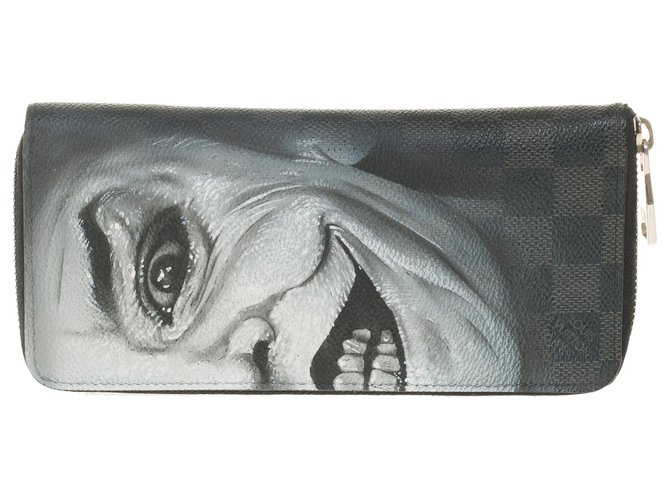 Louis Vuitton Zippy wallet in graphite checkerboard customized "Joker" by PatBo Black Dark grey Leather Cloth  ref.250727