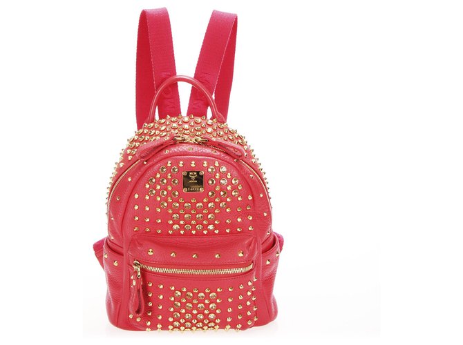 mcm red studded backpack