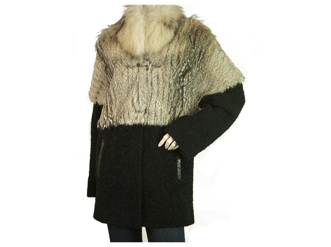 Autre Marque Jo Peters Beige Fur Black Wool Fabric Coat Jacket size S, Superb Leather  ref.250913