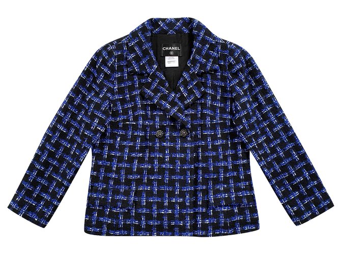 Chanel Jackets Black Blue Silk Cotton Wool Polyamide Acrylic  ref.250996
