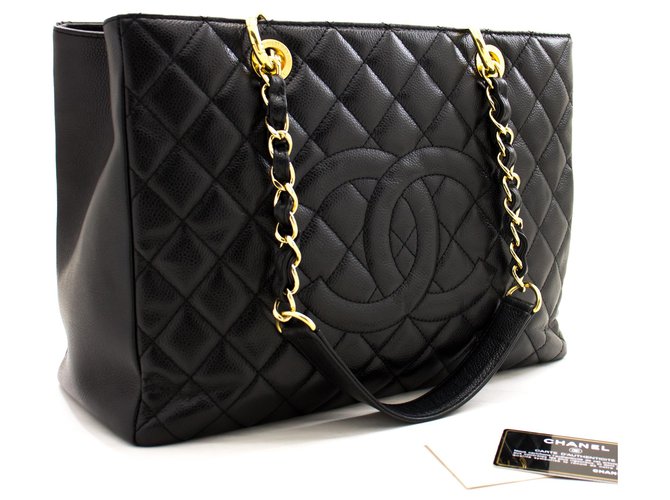 CHANEL Caviar GST 13" Grand Shopping Tote Chain Shoulder Bag Gold Black Leather  ref.251033