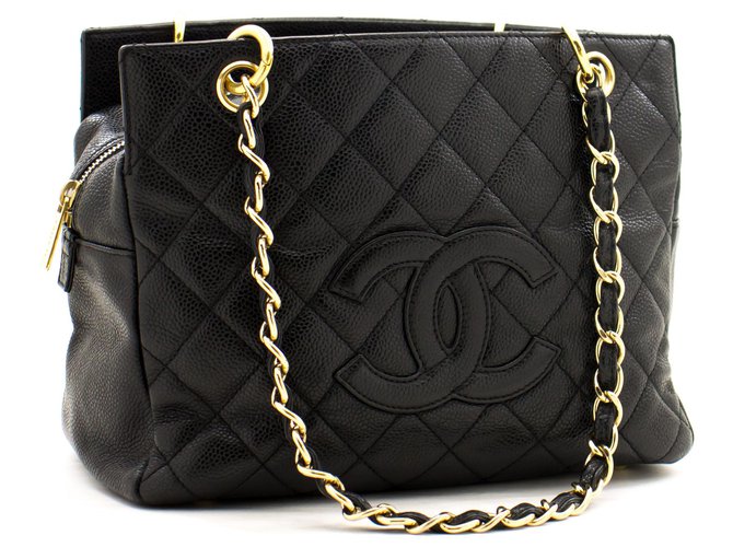 CHANEL Caviar Chain Shoulder Bag Shopping Tote Black Quilted Purse Leather  ref.251040