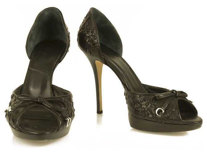 Christian Dior Black Stitched Leather Peep Toe Pumps Platform Shoes sz 39  ref.251207