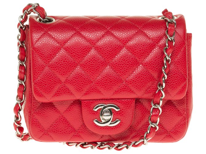 Herrliche Chanel Mini Timeless Tasche aus rotem Kaviarleder, Garniture en métal argenté  ref.251478