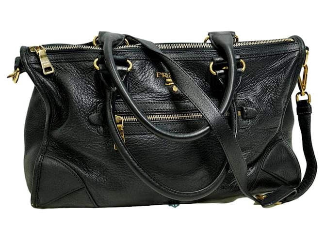 PRADA Bauletto Black Vitello Daino Leather Bag  ref.251499