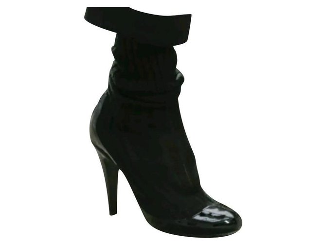 NWOB Chanel 14S Botas pretas com meia de couro envernizado Sz.37 Preto  ref.251895