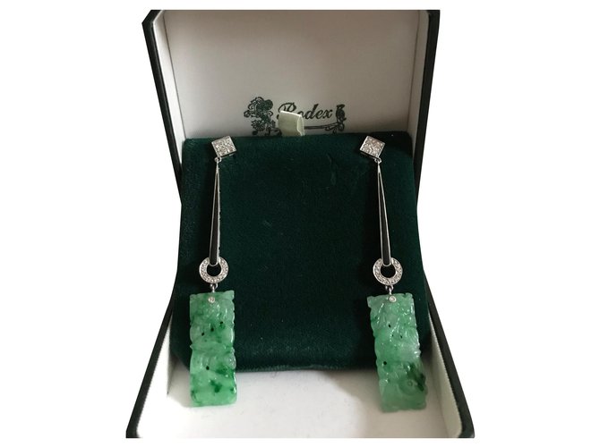 Autre Marque Beautiful Art Deco earrings white gold with diamonds and jade Green  ref.251928