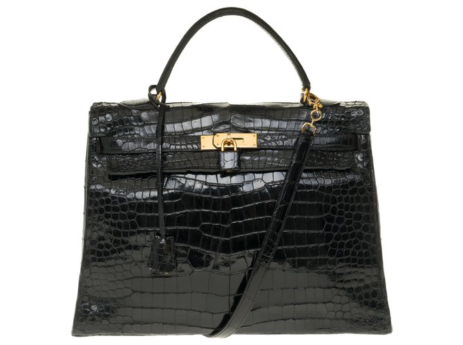 Hermès Kelly Umhängetasche 35 aus schwarzem Porosus Krokodilleder, vergoldete Metallverkleidung Exotisches Leder  ref.252622