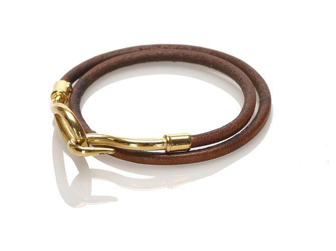 Hermès Bracelet en cuir à crochet géant Hermes marron Métal Veau façon poulain Argenté  ref.252991