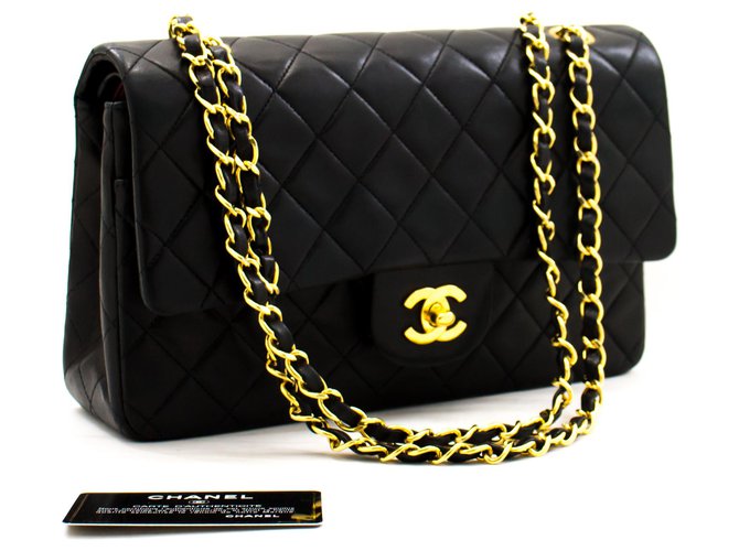 Chanel 2.55 gefütterte Klappe 10"Chain Shoulder Bag Black Lambskin Schwarz Leder  ref.253037
