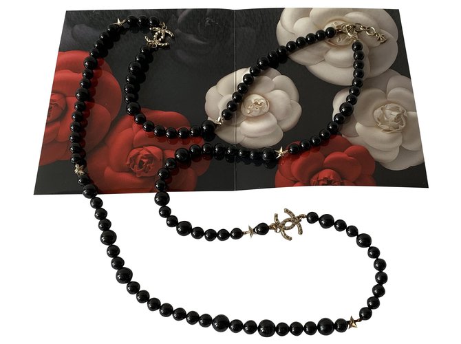 Chanel Long necklaces Black Silver hardware Pearl  ref.253094