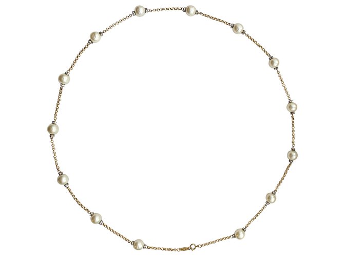 Chanel Pearl and rhinestone long necklace Gold hardware Metal  ref.253260