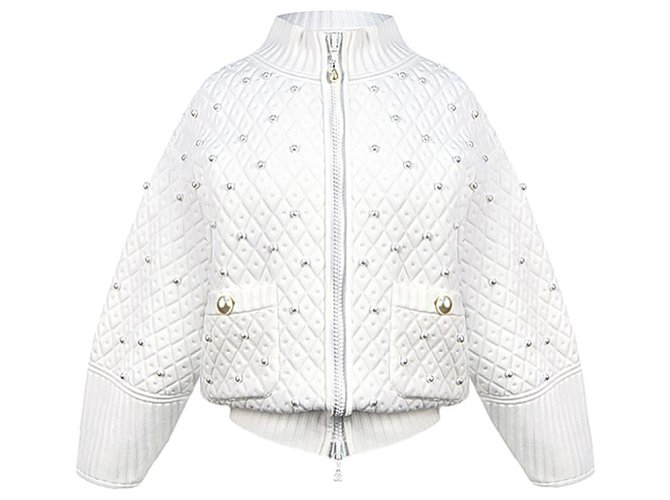 Chanel Pearls Embellished Bomber Jacket White Viscose  ref.253264