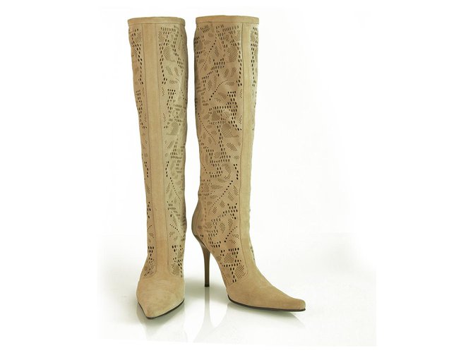 Casadei Beige Suede Cut Out High Heels Pointed Toe Back Zip Boots Shoes sz 6 ref.253392 - Joli