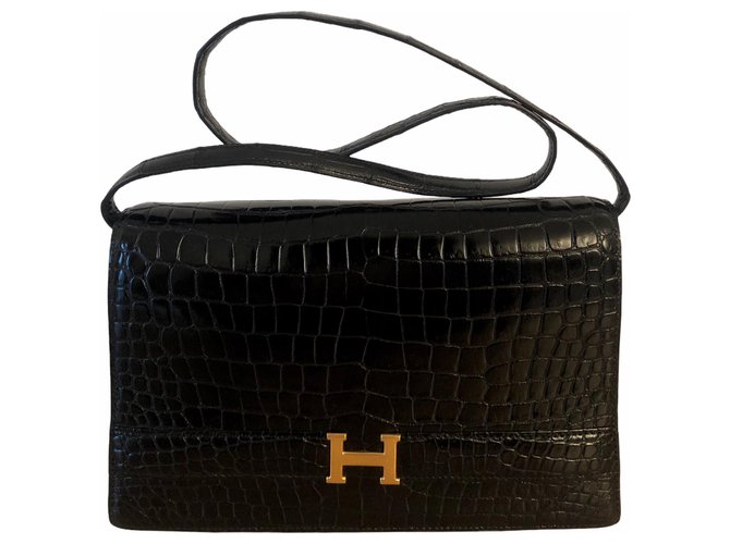 Lydie Hermès Hermes Annie bag in black crocodile Exotic leather