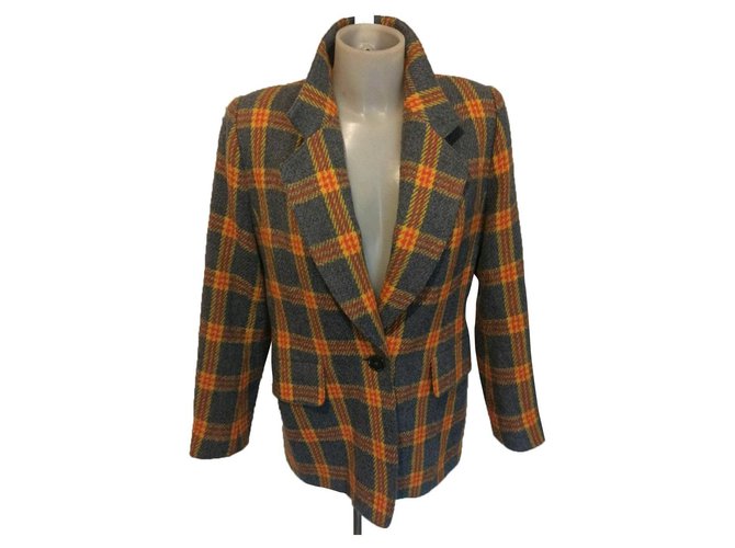 Veste blazer vintage à carreaux Guy Laroche Laine Noir Orange Gris  ref.253872