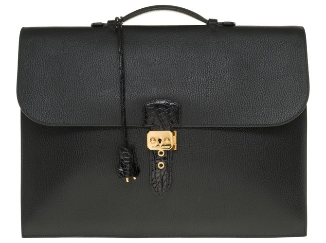 Sac à dépêches Esplêndida bolsa masculina Hermès Bolsa Dispatch em couro togo preto personalizado com crocodilo preto Couros exóticos  ref.253904