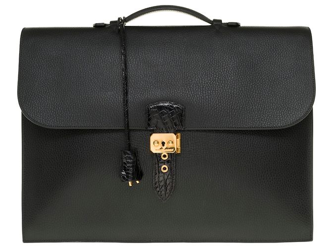 Sac à dépêches Splendida borsa Hermès da uomo Borsa Dispatch in pelle togo nera personalizzata con coccodrillo nero
