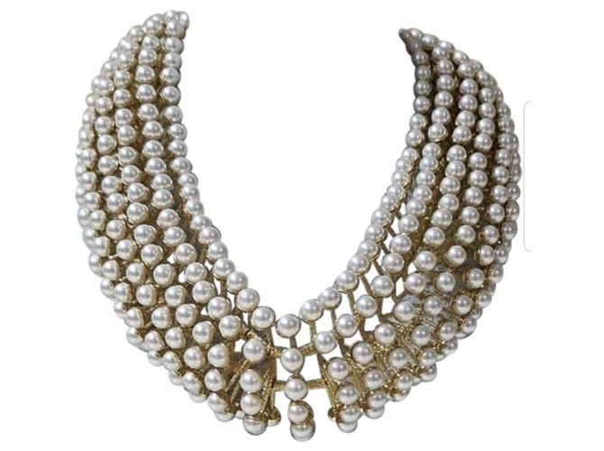 Christian Dior 7 Collier ras de cou en perles Métal Doré  ref.254070