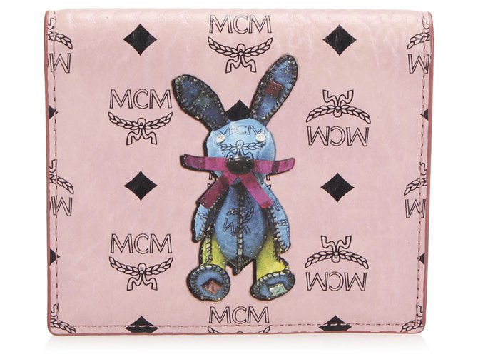Petit portefeuille en cuir de lapin Visetos rose à deux volets MCM Veau façon poulain Multicolore  ref.254213