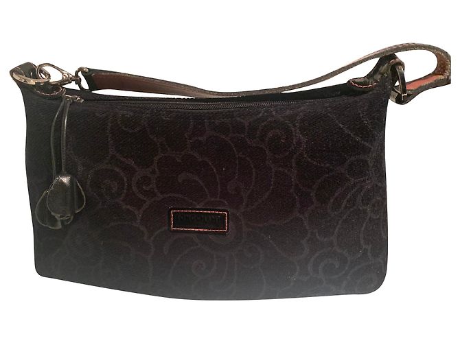 Sac à main Longchamp en daim noir surpiqûres roses