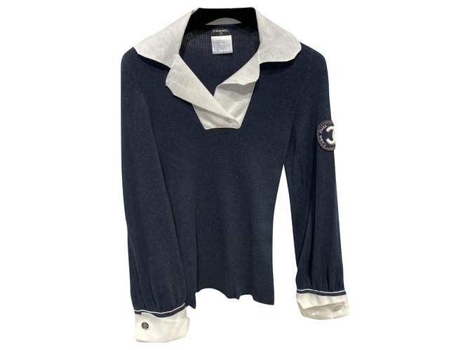 Chanel Knitwear White Navy blue Cotton  ref.254454