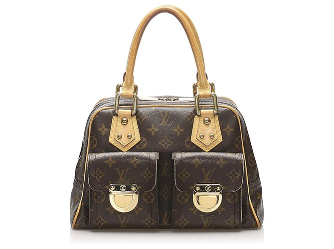 LOUIS VUITTON Monogram Manhattan PM Gold Buckle Handle Bag Brown