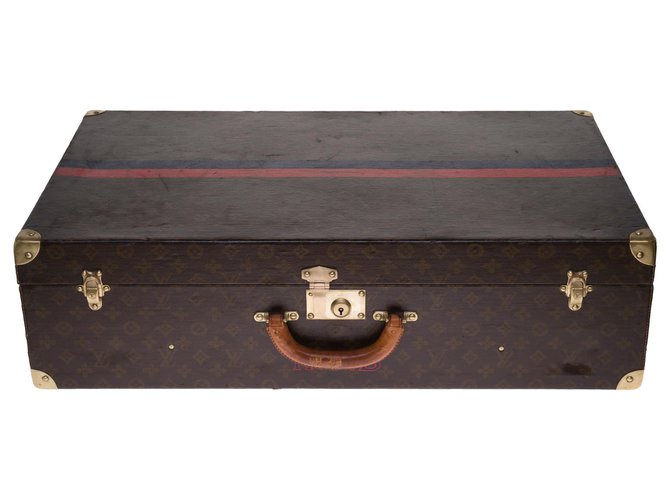 Superbe Valise vintage Louis Vuitton 75cm en toile monogram marron et bijouteries en laiton massif  ref.254698