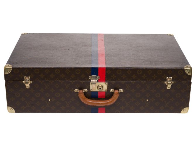 Superbe Valise vintage Louis Vuitton 75cm en toile monogram marron et bijouteries en laiton massif  ref.254700