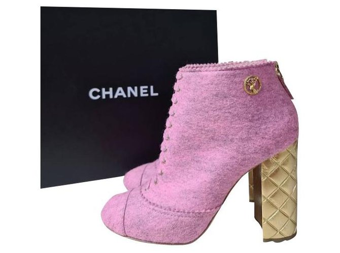NWOB Chanel Pink Gold Stacked Heel Round Toe Ankle Booties Sz.38 Cloth  ref.254756 - Joli Closet