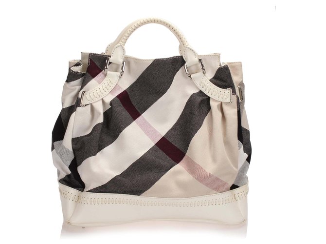 Burberry White Mega Check Canvas Tote Bag Multiple colors Leather Cloth Pony-style calfskin Cloth  ref.255860