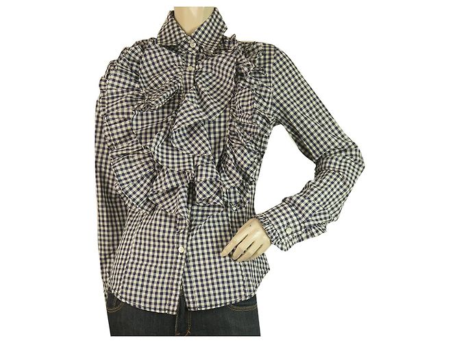 Gaetano Navarra Gaetanonavarra Blau & Weiß Plaid Rüschen Button Down Fitted Shirt Top