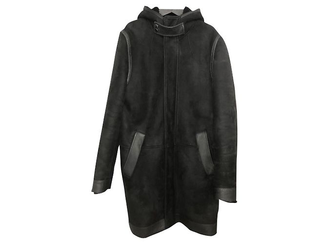 Givenchy hooded coat in black shearling lambskin with smooth leather insert in size 48 Ital.