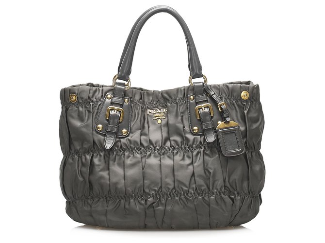 Prada Gray Tessuto Gaufre Satchel Grey Leather Pony Style Calfskin Nylon Cloth Ref 2562 Joli Closet