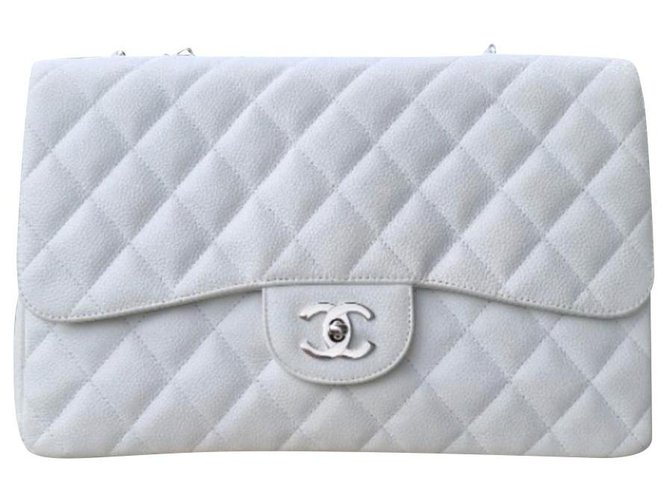 Timeless Chanel Classic Jumbo White Caviar bag SHW Leather  ref.256474