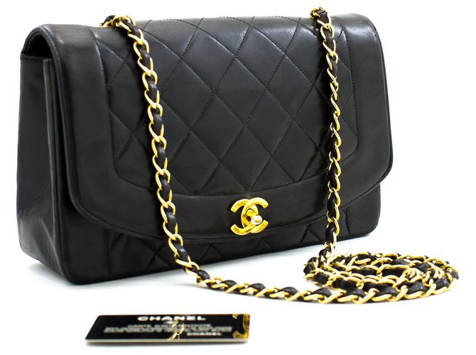 CHANEL Diana Flap Chain Shoulder Bag Black Quilted Lambskin Purse Leather  ref.256805