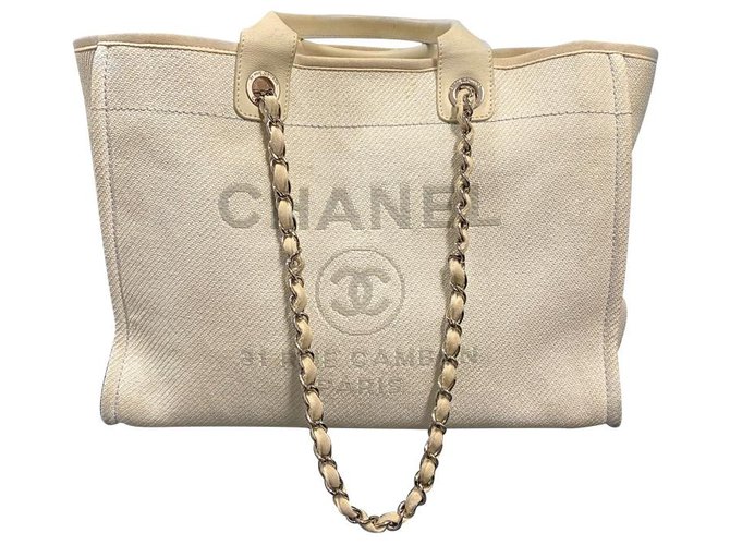 Chanel shopping Toile Beige  ref.256935